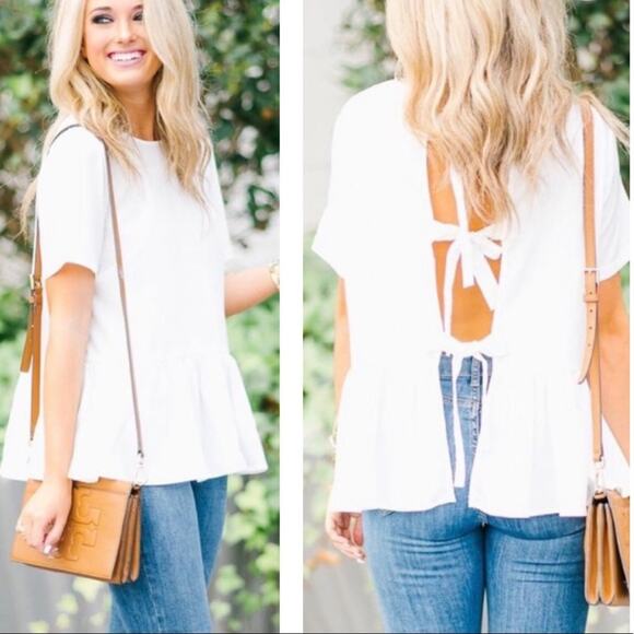 Hinge White Triple Tie Back Blouse Size Small Peplum Chic - Picture 5 of 8